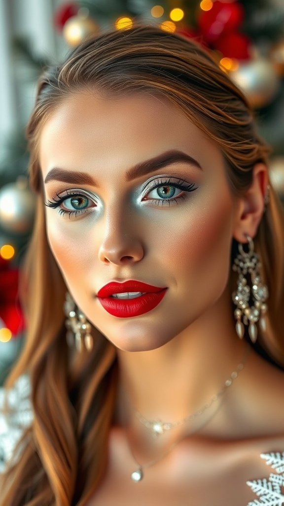 Festive White Christmas Makeup Look Elegant Christmas makeup look with white and silver eyeshadow and red lipstick, set against a festive background.